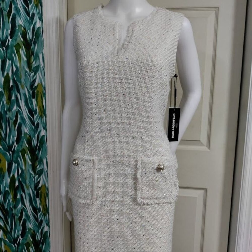 NWT Karl Lagerfield Paris Tweed Preppy Formal Shift Dress White Womens Size 10 - Picture 7 of 16